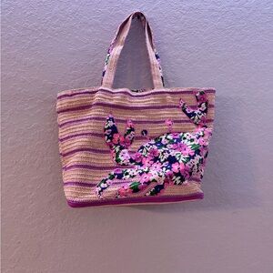 Vera Bradley Pink & Cream Floral Crab Straw Tote